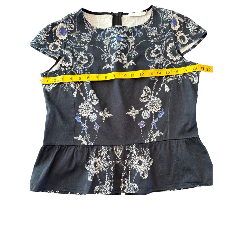 Anne Fontaine Saya Black Jewel Print Peplum Top‎ Cap Sleeve Cotton Blouse 42 - Picture 3 of 8